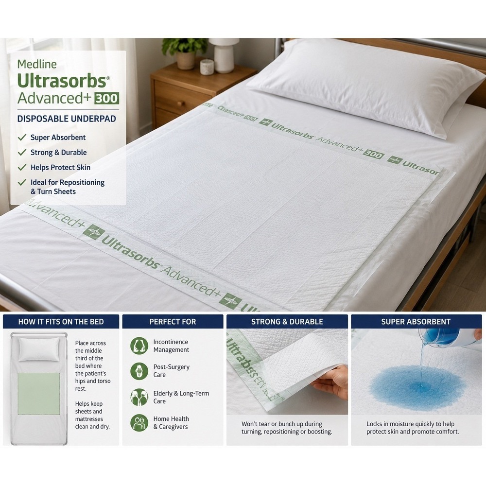 Medline Ultrasorbs Advanced+ 300 Disposable Underpads Incontinence Bed Pads 10ct